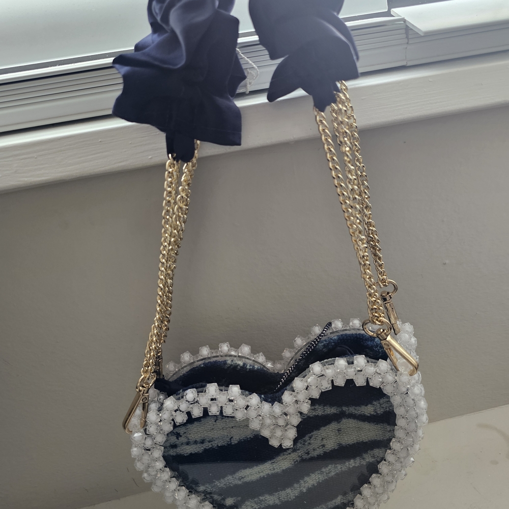 Heart-Shaped Beaded Bag with Gold Chain
